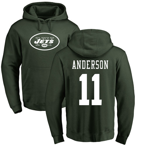 New York Jets Men Green Robby Anderson Name and Number Logo NFL Football #11 Pullover Hoodie Sweatshirts